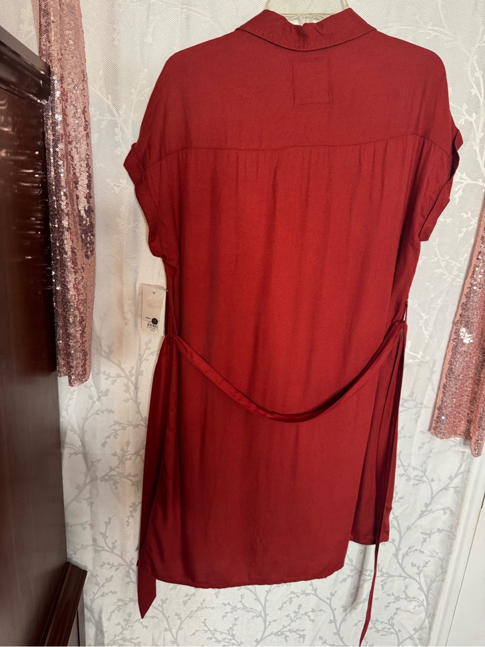 SO Red Short-Sleeve Shirt Tunic with Self-Tie Belt